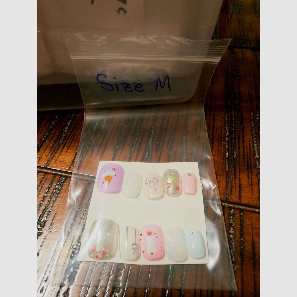 3D Press On Nails Set Size M Short Square Pastel Cherry Bow Ice Cream Unused